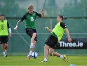 4 September 2012; Republic of Ireland's Andy Keogh, left, in action against team-mate Stephen Ward during squad training ahead of their side's 2014 FIFA World Cup, Group C, Qualifier match against Kazakhstan on Friday. Republic of Ireland Squad Training, Gannon Park, Malahide, Dublin. Picture credit: Barry Cregg / SPORTSFILE