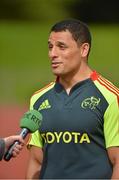 5 September 2012; Munster captain Doug Howlett is interviewed for RTE during a media update ahead of their Celtic League, Round 2, match against Benetton Treviso on Friday. Munster Rugby Media Update, University of Limerick, Limerick. Picture credit: Diarmuid Greene / SPORTSFILE