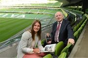 6 September 2012; Broadcaster Jimmy Magee with Olympic Gold medal winner, Katie Taylor, who launched his autobiography &quot;Memory Man&quot;. Havelock Suite, Aviva Stadium, Lansdowne Road, Dublin. Picture credit: Ray McManus / SPORTSFILE