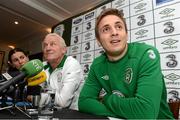 10 September 2012; Republic of Ireland manager Giovanni Trapattoni, alongside translator Manuela Spinelli, with captain Kevin Doyle during a press conference ahead of their side's international friendly against Oman on Tuesday. Republic of Ireland Press Conference, Craven Cottage, Fulham, London, England. Picture credit: David Maher / SPORTSFILE