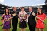 11 September 2012; Aileen Lawlor, President of the Camogie Association, with the O'Duffy Cup, Uachtarán Chumann Lúthchleas Gael Liam Ó Néill, right, and Ryle Nugent, RTE, Group Head of Sport, left, with senior captains Karen Atkinson, Wexford, left, and Julia White, Cork, right, at the 2012 All-Ireland Camogie Championship Finals, in association with RTE Sport, Captains Day. Croke Park, Dublin. Picture credit: Pat Murphy / SPORTSFILE