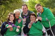 11 September 2012; Olympic bronze medalist Cian O'Connor with the Irish Paralympic Equestrian team who won bronze in the team event, from left, Helen Kearney, from Dunlaven, Co. Wicklow, who won 2 bronze and 1 silver medal, Eilish Byrne, from Dundalk, Co. Louth, Geraldine Savage, from Dublin, and James Dwyer, from Mooncoin, Co. Kilkenny, at a Horse Sport Ireland Reception for the Paralympic Riders from London 2012. Army Equitation School, McKee Barracks, Dublin. Picture credit: Pat Murphy / SPORTSFILE