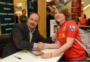 13 September 2012; Former Liverpool FC manager Rafa Benitez had a signing session for his book, Champions League Dreams, which is available from Eason stores nationwide and from easons.com. Benitez is pictured with Orla Haran, from Julianstown, Co. Meath. Rafa Benitez Book Signing, Easons, O'Connell Street, Dublin. Picture credit: Brian Lawless / SPORTSFILE