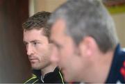 12 September 2012; Mayo's David Clarke looks on while manager James Horan, right, speaks to the media during a press evening ahead of their side's GAA Football All-Ireland Senior Championship Final game against Donegal on Sunday 23rd September. Mayo Press Evening, Breaffy House Hotel, Castlebar, Co. Mayo. Picture credit: Pat Murphy / SPORTSFILE