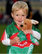14 September 2012; Mayo supporter Fionn Wilson, age 2, from Castlebar, Co. Mayo, with his teddy 'Patch' during an open supporters night ahead of their side's GAA Football All-Ireland Senior Championship Final game against Donegal on Sunday 23rd September. Mayo Open Training Night, Elverys MacHale Park, Castlebar, Co. Mayo. Picture credit: Pat Murphy / SPORTSFILE