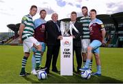 18 September 2012; Shamrock Rovers Director of football Brian Laws, third from right, and Drogheda United manager Mick Cooke, third from left, with players, from left to right, Billy Dennehy, Shamrock Rovers, Paul Crowley, Drogheda United, Ciaran Kilduff, Shamrock Rovers and Brian Gannon, Drogheda United, in attendance at the EA SPORTS Cup Final 2012 media day. Tallaght Stadium, Tallaght, Dublin. Picture credit: David Maher / SPORTSFILE