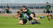 21 September 2012; Peadar Timmins, Leinster, scores a try despite the efforts of Alex O'Meara, 14, and Conor Joyce, Connacht. Under 20 Interprovincial, Connacht v Leinster, Sportsground, Galway. Picture credit: Stephen McCarthy / SPORTSFILE