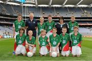 23 September 2012; Representing Mayo boys in the INTO/RESPECT Exhibition GoGames at the GAA Football All-Ireland Senior Championship Final between Donegal and Mayo are, front row, from left, Oisin Mullin, Roundfort N.S., Hollymount, Co. Mayo, John Joe McVicker, Edmund Rice CBS, Belfast, Co. Antrim, Rory Gavan, Annahorish P.S., Toome, Co. Derry, Ryan Cunningham, Abbey Primary School, Newry Co. Down, Darragh Flood, St. Peter Apostle SNS, Clondalkin, Dublin, Joshua Keane, Quinlivan Brierhill N.S., Brierhill, Co. Galway. Back row, from left, Jack Twomey, Dromahane N.S., Mallow, Co. Cork, Pat Monaghan, coach, Colm Joyce, St. Corban's N.S., Naas, Co. Kildare, Eoin Crilly, Saint and Scholars Integrated P.S., Armagh, Co. Armagh, Anne Fay, INTO President, Eoin O'Dwyer, Glasnevin Educate Together N.S., Co. Dublin. Croke Park, Dublin. Picture credit: Pat Murphy / SPORTSFILE