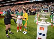 23 September 2012; Mascots Jack Malone, left, Mayo, and Jamie Crawford, Donegal, alongside the Sam Maguire Cup, present the match football to referee Maurice Deegan before the start of the game. GAA Football All-Ireland Senior Championship Final, Donegal v Mayo, Croke Park, Dublin. Picture credit: Ray McManus / SPORTSFILE