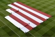 30 September 2012; A large flag depicting the Galway colours is removed from the pitch before the teams come out onto the pitch before the game. GAA Hurling All-Ireland Senior Championship Final Replay, Kilkenny v Galway, Croke Park, Dublin. Picture credit: Brendan Moran / SPORTSFILE