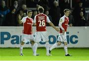 1 October 2012; Jake Kelly, left, St. Patrick’s Athletic, celebrates after scoring his side's first goal with team-mate's Vinny Faherty, centre, and Ryan Coombes. Airtricity League Premier Division, St. Patrick’s Athletic v UCD, Richmond Park, Dublin. Picture credit: David Maher / SPORTSFILE