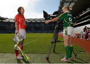 2 October 2012; Ahead of the TG4 Ladies Football All-Ireland Finals taking place this Sunday in Croke Park, representatives from the competing counties met in Croke Park. Cork captain Rena Buckley, left, with the Brendan Martin Cup, and Kerry captain Bernie Breen ahead of the TG4 Senior Final which throws in at 4pm. The finals on the 7th of October mark the first time that TG4 will broadcast a live match in HD. 2012 TG4 All-Ireland Ladies Football Final Captain's Day, Croke Park, Dublin. Picture credit: Brian Lawless / SPORTSFILE