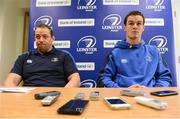 4 October 2012; Leinster forwards coach Jono Gibbes, left, and Jonathan Sexton during a press conference ahead of their Celtic League 2012/13, Round 6, match against Munster on Saturday. Leinster Rugby Press Conference, Leinster Rugby Offices, UCD, Belfield, Dublin. Picture credit: Brian Lawless / SPORTSFILE