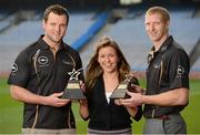 9 October 2012; Donegal footballer Michael Murphy, left, and Kilkenny hurler Henry Shefflin who were presented with their GAA / GPA Player of the Month Award, sponsored by Opel, for September 2012, by Emma O'Carroll, Marketing Assistant Opel Ireland. Croke Park, Dublin. Photo by Sportsfile