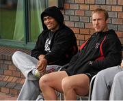 9 October 2012; Ulster's Nick Williams and Stephen Ferris, right, who sat out squad training ahead of their side's Heineken Cup 2012/13, Pool 4, Round 1, game against Castres Olympique on Friday. Ulster Rugby Squad Training, Newforge Country Club, Belfast, Co. Antrim. Picture credit: Oliver McVeigh / SPORTSFILE