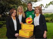 10 October 2012; In attendance at a DHL/FAI sponsorship announcement is Republic of Ireland's David Forde with, from left, Louise Fox, Denise Sutton and Jennifer Marie Kirwan, DHL Express. Portmarnock Hotel & Golf Links, Portmarnock, Dublin. Picture credit: David Maher / SPORTSFILE