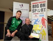 10 October 2012; Republic of Ireland's Simon Cox with Ian Hunter, centre director Swords Pavilions Centre, at the launch of the FAI/Fingal County Council in conjunction with Swords Pavilions 4v4 &quot;Road to Rio&quot; Schools Programme. Portmarnock Hotel & Golf Links, Portmarnock, Dublin. Picture credit: David Maher / SPORTSFILE