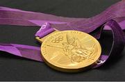 11 October 2012; A general view of the Olympic Gold Medal won by Irish boxer Katie Taylor and the London 2012 Olympic Games. Picture credit: Brendan Moran / SPORTSFILE