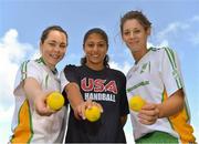 12 October 2012; Lauren O'Riordan, left, and Lorraine Havern, right, Ireland, with Danielle Daskalakis, USA, at the World Handball Championships which are taking place in the Citywest Hotel & Conference Centre until the 21st of October. World Handball Championships, Citywest Hotel & Conference Centre, Saggart, Co. Dublin. Picture credit: Barry Cregg / SPORTSFILE