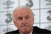 12 October 2012; Republic of Ireland manager Giovanni Trapattoni speaking to the media following his side's 6-1 defeat to Germany in their 2014 FIFA World Cup Qualifier match. Republic of Ireland v Germany Post-Match Press Conference, Aviva Stadium, Lansdowne Road, Dublin. Picture credit: David Maher / SPORTSFILE