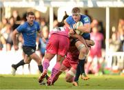 13 October 2012; Jamie Heaslip, Leinster, is tackled by Carl Rimmer, left, and Richard Baxter, Exeter Chiefs. Heineken Cup 2012/13 - Pool 5, Round 1, Leinster v Exeter Chiefs, RDS, Ballsbridge, Dublin. Picture credit: Stephen McCarthy / SPORTSFILE