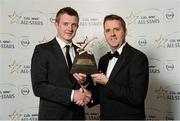 26 October 2012; Dave Sheeran, Managing Director, Opel Ireland, presents Joe Canning, Galway, with his 2012 GAA GPA All-Star Hurling award, at the GAA GPA All-Star Awards 2012, Sponsored by Opel, National Convention Centre, Dublin. Photo by Sportsfile