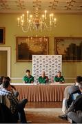 29 October 2012; Ireland's Donncha O'Callaghan with Ireland team manager Michael Kearney, centre, and Ireland assistant coach Mark Tainton, right, speaking to the media during a press conference ahead of their sides Autumn International match against South Africa on Saturday November 10th. Ireland Rugby Squad Press Conference, Carton House, Maynooth, Co. Kildare. Picture credit: David Maher / SPORTSFILE