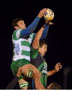 3 November 2012; Mike McCarthy, Connacht, contests a line-out with Marco Fuser, Benetton Treviso. Celtic League 2012/13, Round 8, Connacht v Benetton Treviso, The Sportsground, Galway. Picture credit: Diarmuid Greene / SPORTSFILE