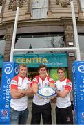 7 November 2012; At the announcement that Deep RiverRock will be the official water to the Ulster Rugby team for the current 2012/2013 rugby season are Ulster players, from left, Roger Wilson, Robbie Diack, and Niall O'Connor. Centra, Donegal Square West, Belfast, Co. Antrim. Picture credit: Brian Lawless / SPORTSFILE