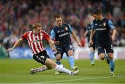 4 November 2012; Christy Fagan, St. Patrick's Athletic, supported by team-mate Jake Kelly, in action against Stewart Greacan, Derry City. 2012 FAI Ford Cup Final, Derry City v St. Patrick's Athletic, Aviva Stadium, Lansdowne Road, Dublin. Picture credit: Matt Browne / SPORTSFILE