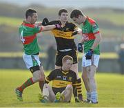 4 November 2012; Colm Cooper and Jamie Doolan, Dr. Crokes, clash off the ball with Shane Hickey, left, and Darren Hickey, Kilmurry Ibrickane. AIB Munster GAA Senior Football Championship Quarter-Final, Kilmurry Ibrickane, Clare v Dr. Crokes, Kerry, Páirc Naomh Mhuire, Quilty, Co. Clare. Picture credit: Diarmuid Greene / SPORTSFILE
