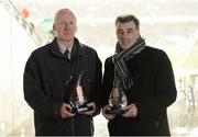 4 November 2012; Former St. Patrick's Athletic player Damien Byrne, left, and former Derry City player Felix Healy with their the Hall of Fame trophys at the 2012 FAI Ford Cup Final, Derry City v St. Patrick's Athletic, Aviva Stadium, Lansdowne Road, Dublin. Picture credit: Matt Browne / SPORTSFILE