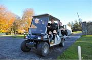 5 November 2012; Ireland players make their way to squad training on a golf buggy driven by Jamie Heaslip ahead of their side's Autumn International match against South Africa on Saturday. Ireland Rugby Squad Training, Carton House, Maynooth, Co. Kildare. Picture credit: Barry Cregg / SPORTSFILE