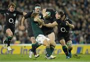 10 November 2012; Cian Healy, Ireland, is tackled by Pat Lambie, South Africa. Autumn International, Ireland v South Africa, Aviva Stadium, Lansdowne Road, Dublin. Picture credit: Stephen McCarthy / SPORTSFILE