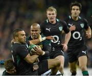 10 November 2012; Simon Zebo, Ireland, is tackled by Jaco Taute, left, and JP Pietersen, South Africa. Autumn International, Ireland v South Africa, Aviva Stadium, Lansdowne Road, Dublin. Picture credit: Stephen McCarthy / SPORTSFILE