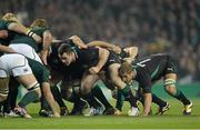 10 November 2012; Ireland's Cian Healy and Chris Henry prepare to engage in a scrum. Autumn International, Ireland v South Africa, Aviva Stadium, Lansdowne Road, Dublin. Picture credit: Stephen McCarthy / SPORTSFILE