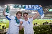 14 November 2012; Greece supporters Jordanis Assitzoglou and Christos Papoutsis, from Greece, at the game. Friendly International, Republic of Ireland v Greece, Aviva Stadium, Lansdowne Road, Dublin. Picture credit: Matt Browne / SPORTSFILE