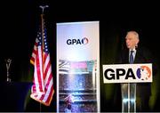 15 November 2012; Donald R. Keough, Chairman of the Board, Allen & Company Incorporated, speaking as he makes his Acceptance Remarks at the Gaelic Players Association Ireland - U.S. Gaelic Heritage Awards & Dinner Gala in his honour. Marriott Marquis New York Westside Ballroom, Broadway,  Times Square, New York, USA. Picture credit: Ray McManus / SPORTSFILE