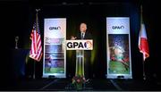 15 November 2012; Donald R. Keough, Chairman of the Board, Allen & Company Incorporated, speaking as he makes his Acceptance Remarks at the Gaelic Players Association Ireland - U.S. Gaelic Heritage Awards & Dinner Gala in his honour. Marriott Marquis New York Westside Ballroom, Broadway,  Times Square, New York, USA. Picture credit: Ray McManus / SPORTSFILE