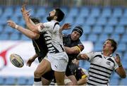 18 November 2012; Robbie Diack and Ricky Andrew, Ulster, contest a dropping ball with Tito Tebaldi, Zebre. Celtic League, Round 4, Zebre v Ulster, Stadio XXV Aprile, Parma, Italy. Picture credit: Roberto Bregani / SPORTSFILE