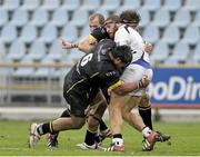 18 November 2012; Matias Aguero, Zebre, is tackled by Nick Williams and Neil Mccomb, Ulster. Celtic League, Round 4, Zebre v Ulster, Stadio XXV Aprile, Parma, Italy. Picture credit: Roberto Bregani / SPORTSFILE