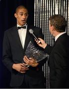 17 November 2012; Steven Colvert, Crusaders AC, Co. Dublin, who won the Inspirational Performance award speaking with MC Greg Allen. National Athletics Awards, in Association with Woodie’s DIY and Tipperary Crystal, Clyde Court Hotel, Ballsbridge, Dublin 4. Photo by Sportsfile