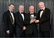 17 November 2012; Ray Flynn, member of the Paralympic High Performance Committee, accepting the Special recognition award on behalf of Jason Smyth and Michael McKillop from CEO of Woodies DIY Ray Colman, right, Minister of State for Tourism & Sport Michael Ring T.D, and President of Athletics Ireland Ciarán Ó Catháin, left. National Athletics Awards, in Association with Woodie’s DIY and Tipperary Crystal, Clyde Court Hotel, Ballsbridge, Dublin. Photo by Sportsfile