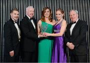 17 November 2012; Claire Bergin and Fiona Clinton from Dundrum South Dublin A.C., are presented with the Performance Club of the Year award by CEO of Woodies DIY Ray Colman, President of Athletics Ireland Ciarán Ó Catháin, left, and Minister of State for Tourism & Sport Michael Ring T.D., right. National Athletics Awards, in Association with Woodie’s DIY and Tipperary Crystal, Clyde Court Hotel, Ballsbridge, Dublin. Photo by Sportsfile