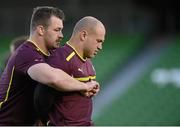 23 November 2012; Ireland's Cian Healy, left, and Richardt Strauss during the captain's run ahead of their side's Autumn International match against Argentina on Saturday. Ireland Rugby Squad Captain's Run, Aviva Stadium, Lansdowne Road, Dublin. Picture credit: Brian Lawless / SPORTSFILE