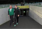 23 November 2012; Ireland's Gordon D'Arcy arrives with kitman Paddy 'Rala' O'Reilly for the captain's run ahead of their side's Autumn International match against Argentina on Saturday. Ireland Rugby Squad Captain's Run, Aviva Stadium, Lansdowne Road, Dublin. Picture credit: Brian Lawless / SPORTSFILE