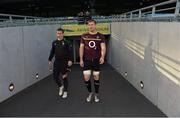 23 November 2012; Ireland's Jamie Heaslip and Eoin Reddan, left, arrive for the captain's run ahead of their side's Autumn International match against Argentina on Saturday. Ireland Rugby Squad Captain's Run, Aviva Stadium, Lansdowne Road, Dublin. Picture credit: Brian Lawless / SPORTSFILE