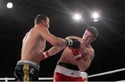 23 November 2012; Joe Ward, British Lionhearts, right, exchanges punches with Imre Szello, Italia Thunder, during their Light Heavyweight 80-85kg bout. World Series of Boxing, British Lionhearts v Italia Thunder, Celtic Manor Resort, Newport, Wales. Picture credit: Steve Pope / SPORTSFILE