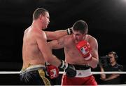 23 November 2012; Joe Ward, British Lionhearts, right, exchanges punches with Imre Szello, Italia Thunder, during their Light Heavyweight 80-85kg bout. World Series of Boxing, British Lionhearts v Italia Thunder, Celtic Manor Resort, Newport, Wales. Picture credit: Steve Pope / SPORTSFILE