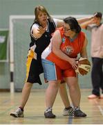 24 November 2012; Julie Carroll, Sports Club 15 Special Olympics Club, Dublin, in action against Orla Carpenter, Connaught Special Olympics Club. 2012 Special Olympics Ireland Women's National Basketball Plate, Connaught Special Olympics Club v Sports Club 15 Special Olympics Club, Dublin, Gormanston College, Co. Meath. Photo by Sportsfile